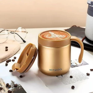 CANA TERMICA PENTRU CAFEA SI CEAI DIN OTEL INOXIDABIL CU CAPAC SI MANER (AURIU)