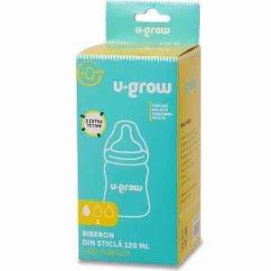 Biberon din sticlă, 120 ml, cu 2 tetine suplimentare