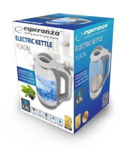 Kettle Esperanza YUKON EKK025W Glass White with LED light, 1500W, 1,7l,  concealed heating element, 360° swivel base, auto shut-off after boiling