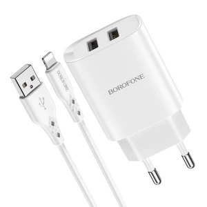 Borofone Wall Charger with Сable USB to Lightning BN2 2xUSB 2.1A, White