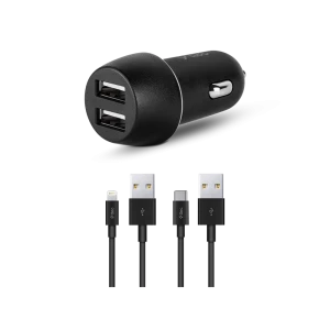 ttec Car Charger Duo 2*USB-A 3.1A with Lightning and Type-C Cable, Black