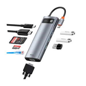 Docking Station Baseus Metal Gleam 9-in-1, USB Type-C to 3xUSB 3.0, Type C PD 100W, HDMI 4K@30Hz, RJ-45 Gigabit, SD, MicroSD, VGA, Grey  WKWG000104