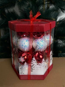 НАБОР ИЗ 28 ДЕКОРАТИВНЫХ ШАРОВ, КРАСНЫЕ И ПЕРЕЛИВЧАТО-БЕЛЫЕ, 6 СМ (CP-24-273)