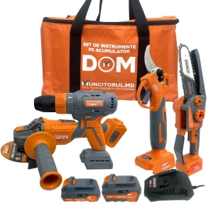 НАБОР АККУМУЛЯТОРНЫХ ИНСТРУМЕНТОВ DOM (ПИЛА + СЕКАТОР + БОЛГАРКА + ДРЕЛЬ) (VOR82785)